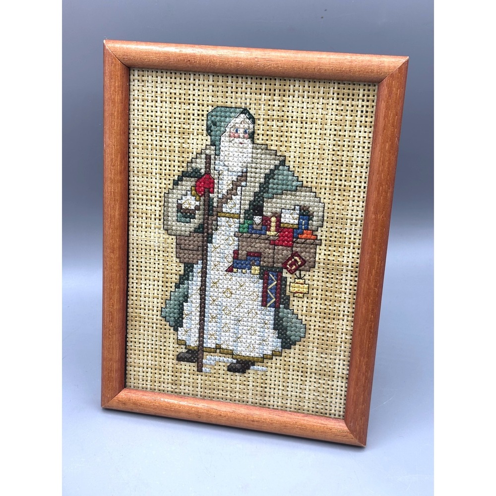 Framed Cross Stitch Art‎ Santa Claus Old World on Wicker Father Christmas Decor